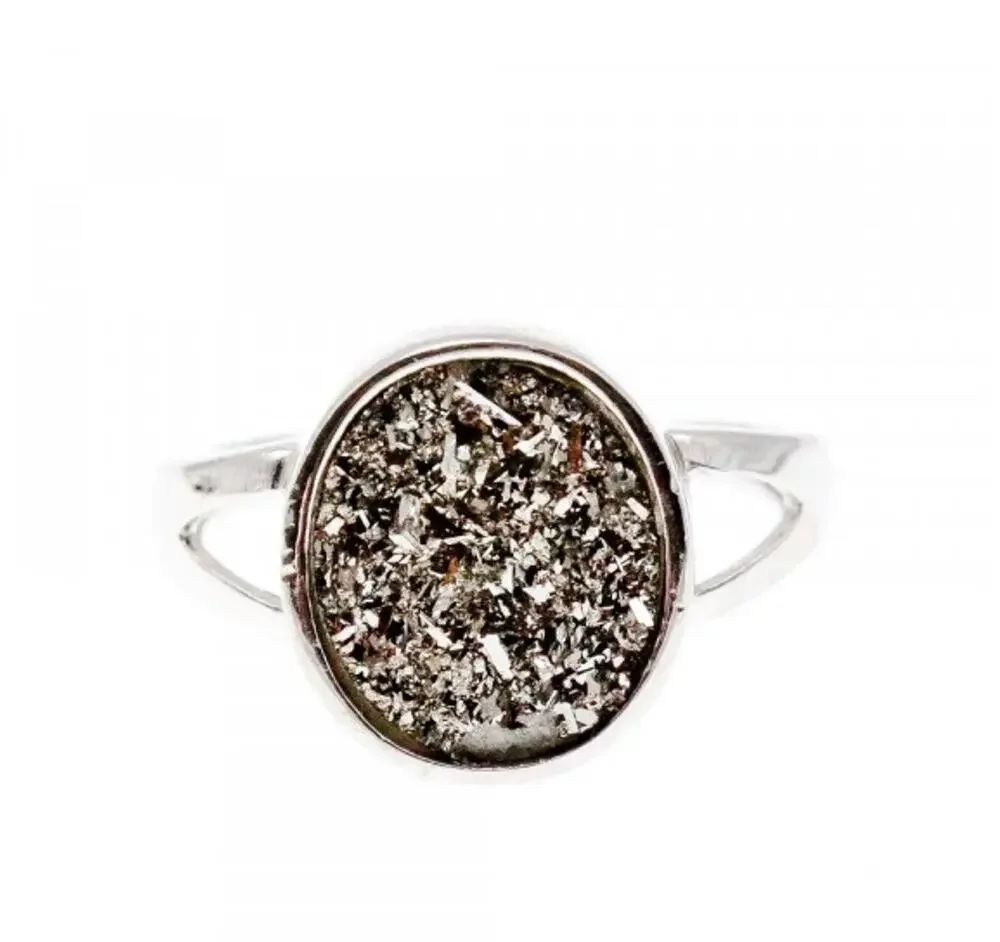 925 Sterling Silver Druzy Pyrite Ring Size 10.5